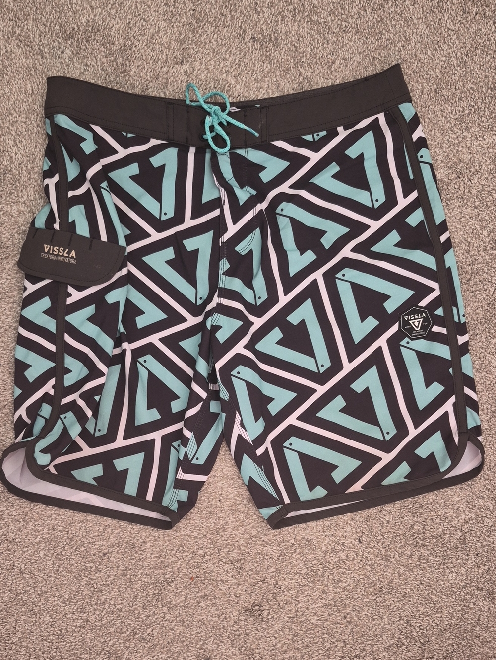VISSLA Men’s Teal and Black Geometric Board Shorts